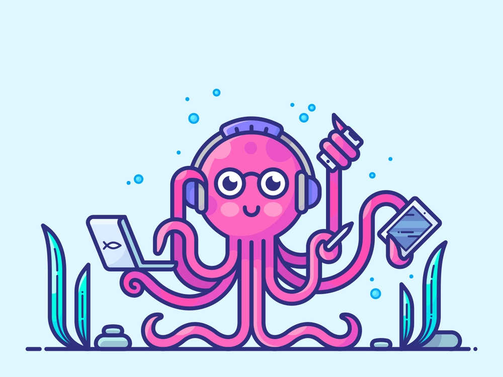 A multitasking octopus, illustrated by Alex Kunchevsky